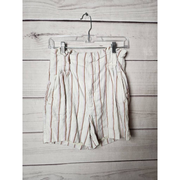 Anthropologie Womens Paperbag Shorts White Red Stripe Stretch Pull On‎ Pockets 4 - Picture 1 of 6